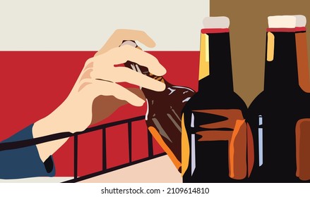 hand taking a bottle of wine from a pile of drinks in store