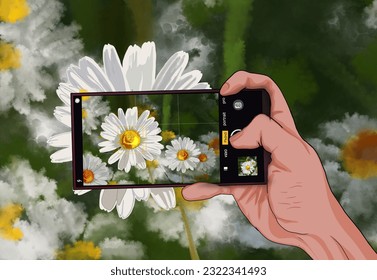 hand taking a close up shot of a flower object with a smartphone