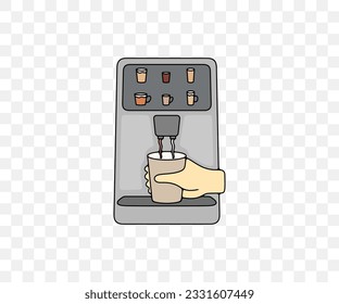 Hand taking coffee cup in vending coffee machine, colored graphic design. Coffee shop, beverage, drink, drinking, food and meal, vector design and illustration