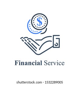 Hand taking coins, give money, donation concept, debt refinance, loan payment installment, budget expenses, low income, financial loss or scarcity, small salary, bad savings account, social subsidy