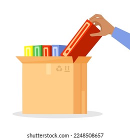Hand taking folder out of cardboard box vector illustration. Cartoon drawing of office worker or student taking document or book from box on white background. Storage, management, information concept