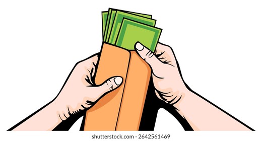 Mão Pegando Dinheiro do Envelope. Vetor de uma mão puxando o dinheiro de um envelope, simbolizando pagamento, salário, poupança ou bônus. Ideal para conteúdo financeiro, de folha de pagamento, bancário ou relacionado a negócios.