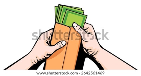 Hand Taking Money from Envelope. A vector of a hand pulling out cash from an envelope, symbolizing payment, salary, savings, or bonus. Ideal for finance, payroll, banking, or business-related content.