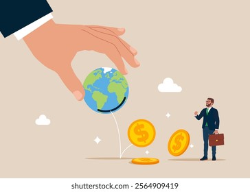 Hand taking money out of globe. Bankruptcy, investment decrease, budget deficit. Modern flat vector illustration