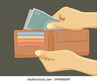 Hand taking money from wallet. Hand putting money in wallet. Paying with cash concept. Flat vector illustration