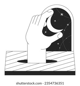 Hand taking moon off esoteric night sky flat monochrome isolated conceptual clipart. Surrealism. Editable black and white line vector object. Simple outline spot illustration for web graphic design