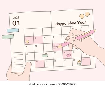 Hand taking notes in monthly diary. flat design style vector illustration.