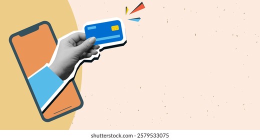 Hand taking out a  plastic credit card from the phone, place for text. Modern photo collage style. Vector illustration