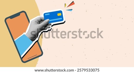 Hand taking out a  plastic credit card from the phone, place for text. Modern photo collage style. Vector illustration