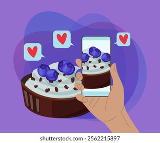 Hand taking photo of cake with smartphone vector illustration. Cartoon drawing of dessert with cream and berries, baker posting picture to social network. Social media, communication, baking concept