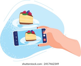 Hand taking photo of a cheesecake slice with smartphone. Food blogging, smartphone photography, dessert snapshot vector illustration.