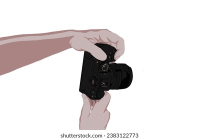 mano está haciendo una foto con una cámara sin espejo, fondo blanco