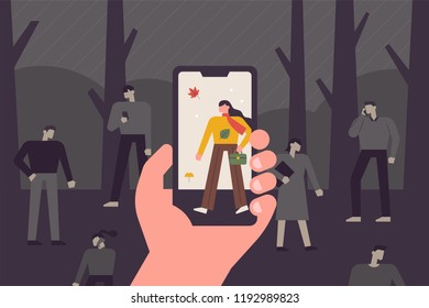 A Hand Is Taking Pictures With A Cell Phone. One Person In The Phone Screen And The Rest Of The Person Outside The Frame. Flat Design Style Vector Graphic Illustration