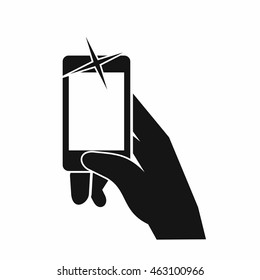 Hand taking pictures on cell phone icon in simple style isolated on white background. Device symbol