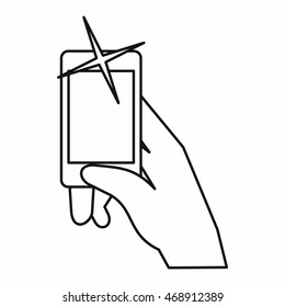 Hand taking pictures on cell phone icon in outline style isolated on white background. Device symbol vector illustration