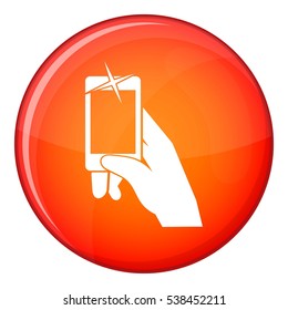 Hand taking pictures on cell phone icon in red circle isolated on white background vector illustration