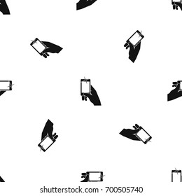 Hand taking pictures on cell phone pattern repeat seamless in black color for any design. Vector geometric illustration