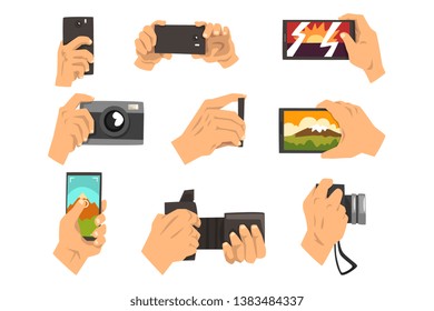 Hand taking pictures with smartphone and camera set vector Illustrations on a white background