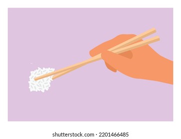 Toma de mano arroz con palillos. Ilustración plana simple