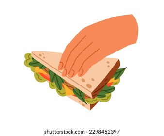 Hand taking sandwich, vegetables and cheese filling between bread toasts. Breakfast snack, healthy fast food with lettuce, tomato, greens. Flat vector illustration isolated on white background