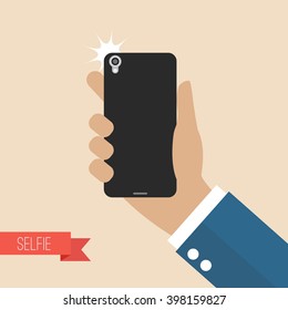 Hand taking selfie with smartphone. Flat style vector illustration