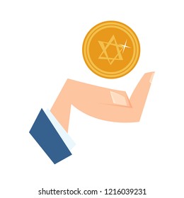 Hand taking shekel. Business concept. Coin with the Star of David. Flat vector illustration in cartoon style isolated on white background.
