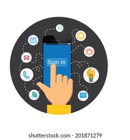 hand taking sing in to the on line surrounded by icons. Concept of communication in the network