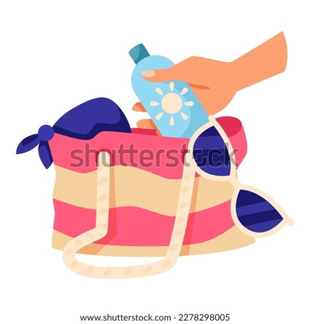 Hand Taking Sunscreen Lotion Bottle from Bag for Skin Protection and UV Rays Blocking Vector Illustration