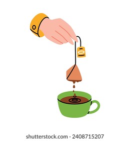 Hand Taking Teabag Out of Cup with Hot Tea Drink Brewing Vector Illustration