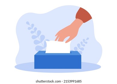 Hand taking tissue out of box. Person using napkin for blowing nose, cleaning hands or surface flat vector illustration. Hygiene, illness concept for banner, website design or landing web page