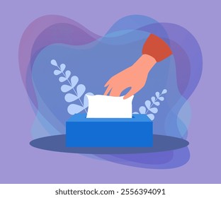 Hand taking tissue out of box. Person using napkin for blowing nose, cleaning hands or surface flat vector illustration. Hygiene, illness concept for banner, website design or landing web page