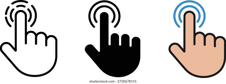 Hand-Tap-Symbol-Vektor-Set, das Zeigefinger-Interaktion zeigt. Kontur, Volltonschwarz und farbige Versionen der Touchscreen-Gestengrafik. Isoliertes Eingabeelement.