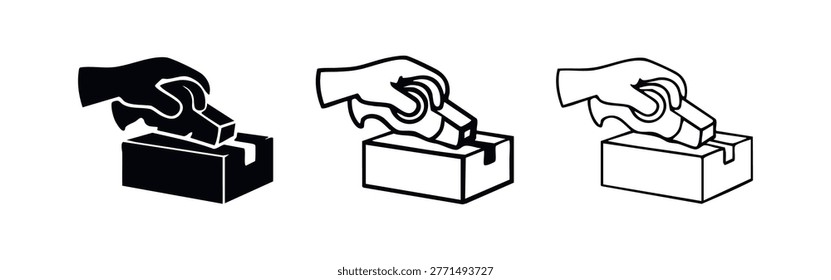 Hand taping a box with packing tape icon set for shipping, packaging, and logistics processes.