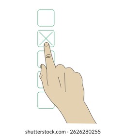 Hand tapping checkbox on screen interface, finger selects item in digital list.