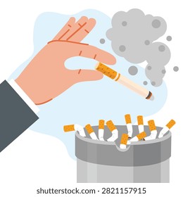 Hand tapping cigarette ash and stubbing out butt into full grey ashtray concept of quitting smoking habit bad unhealthy addiction nicotine harm stop campaign