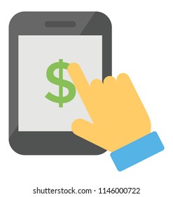 Hand tapping dollar sign on mobile screen, mobile ppc flat icon 