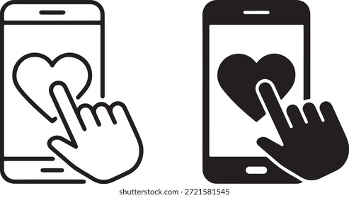 Handtippen auf ein Herzsymbol auf einem Handy-Display, das Online-Engagement, Gefallen oder Bevorzugung in Umrissen und soliden Stilen darstellt.