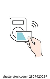 Hand tapping IC card on contactless reader for cashless payment blue