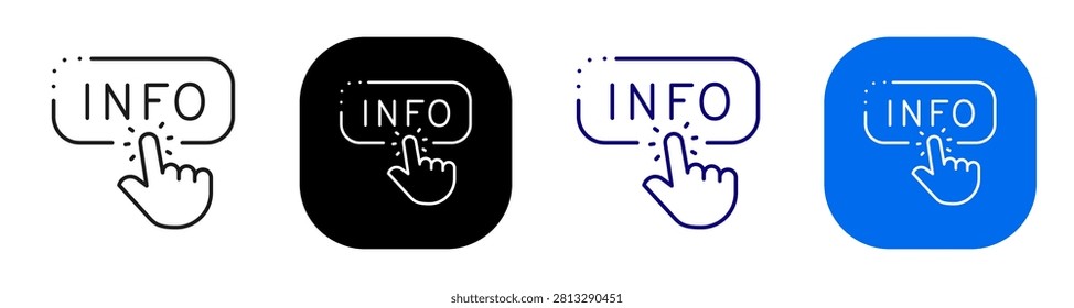 Hand tapping an information button for help access and user assistance. Line, filled, black, color set. Editable stroke