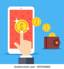 Hand tapping on coin on smartphone screen, gold coins falling to wallet. Earn money online, pay per click, withdrawal, convert digital currency to cash concepts. Flat design vector illustration