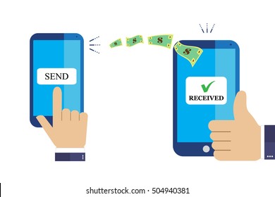 Hand tapping smart phone with banking payment app. Money transfer. Currency exchange. People sending and receiving money wireless with mobile phones. Flat style concept vector illustration. Remittance