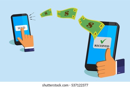 Hand Tapping Smart Phone With Banking Payment App. Money Transfer. Currency Exchange. People Sending And Receiving Money Wireless With Mobile Phones. Flat Style Concept Vector Illustration. Remittance