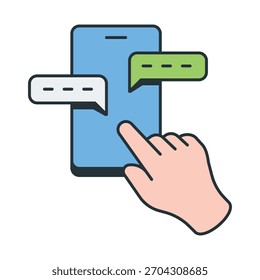 Ilustración de teléfono inteligente de toque de mano. icono de escena de interacción de mensajería. estilo de comunicación digital moderno