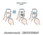Hand tapping smartphone screen to buy and pay vector illustration set of three online shopping steps in light blue