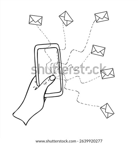 Hand tapping smartphone screen, with dotted lines and envelopes radiating from the thumb vector illustration painted by black inks. For email marketing, bulk messaging, digital communication concept.