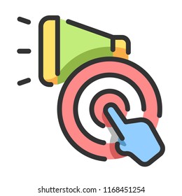 Hand with target icon and speakerphone vector illustration in line color design
