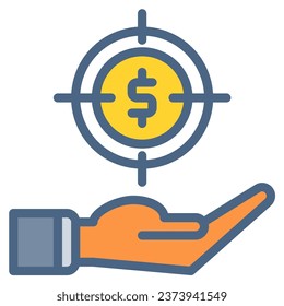 Hand target money coin dollar icon or logo illustration filled outline color style. Business and finance icons