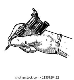 Hand with tattoo machine. Design element for poster, card, t shirt, emblem, sign. Vector illustration