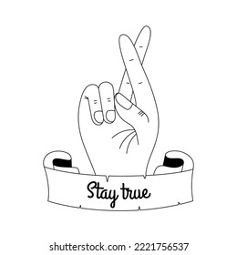 Hand tattoo with text Stay true in y2k, 1990s, 2000s style. Emo goth element design. Old school tattoo. Vector illustration