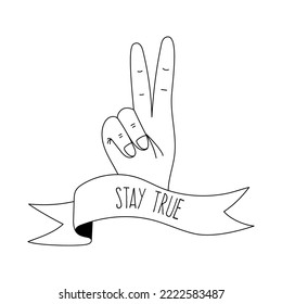 Hand tattoo with text Stay true in y2k, 1990s, 2000s style. Emo goth element design. Old school tattoo. Vector illustration